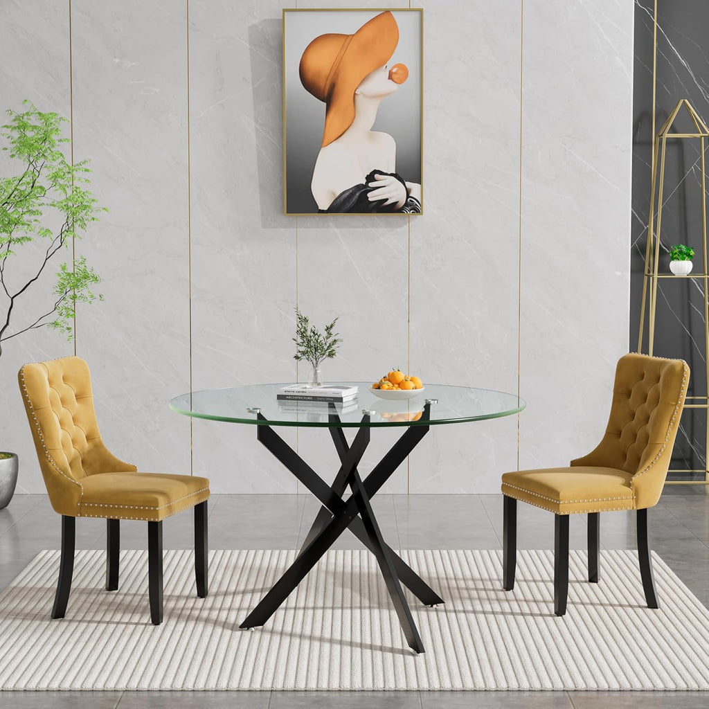 HomVent 3 Piece Round Glass Dining Table Set, Tempered Glass Dinner Table Set for 2 Kitchen Table Set with 2 Velvet Upholstered Chairs for Kitchen Dining Room