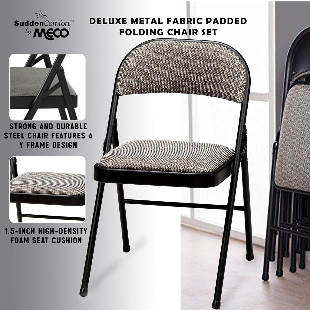 MECO 4-Pack Portable Padded Foldable Chairs, Lightweight and Cushioned Metal Fabric Folding Chair, Sudden Comfort, Black - Compact and Collapsible Furniture for Indoor and Outdoor Use