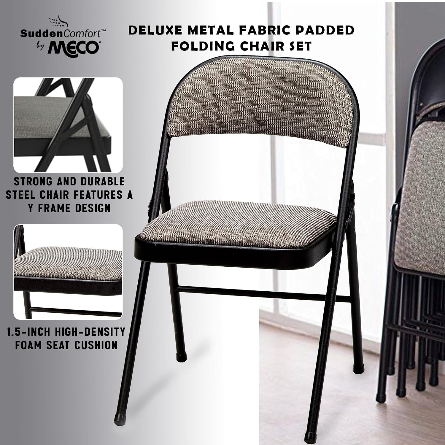 MECO 4-Pack Portable Padded Foldable Chairs, Lightweight and Cushioned Metal Fabric Folding Chair, Sudden Comfort, Black - Compact and Collapsible Furniture for Indoor and Outdoor Use