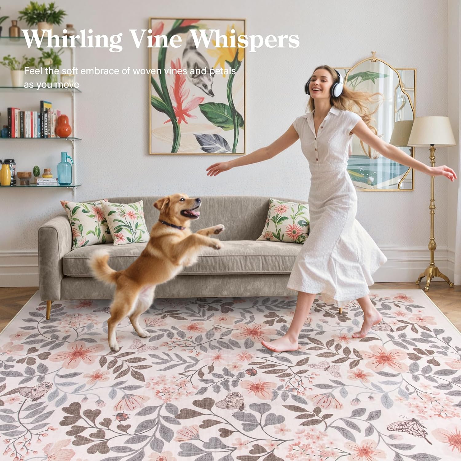 Lahome Reverie 8x10 Fall Floral Area Rugs for Bedroom, Apricot Boho Decor Washable Carpet, Non-Slip Rug for Girls Nursery, Living Room, Dorm, Apartment Decor, Cozy Retreat