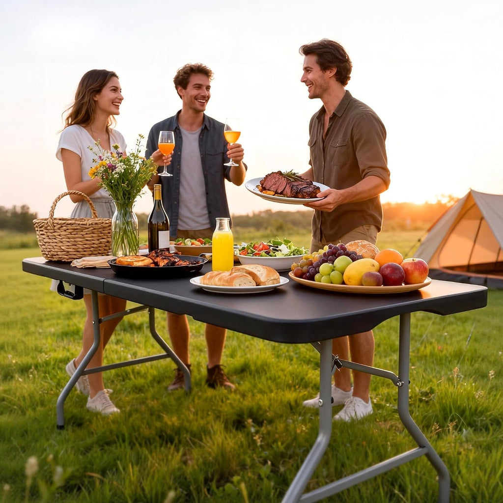 8 Foot Folding Table 350 LBS Heavy Duty, 18% Thicker HDPE Waterproof Top, Portable Fold in Half with Carry Handle and Safety Locks, Reinforced Steel Frame for Indoor Outdoor Party Events