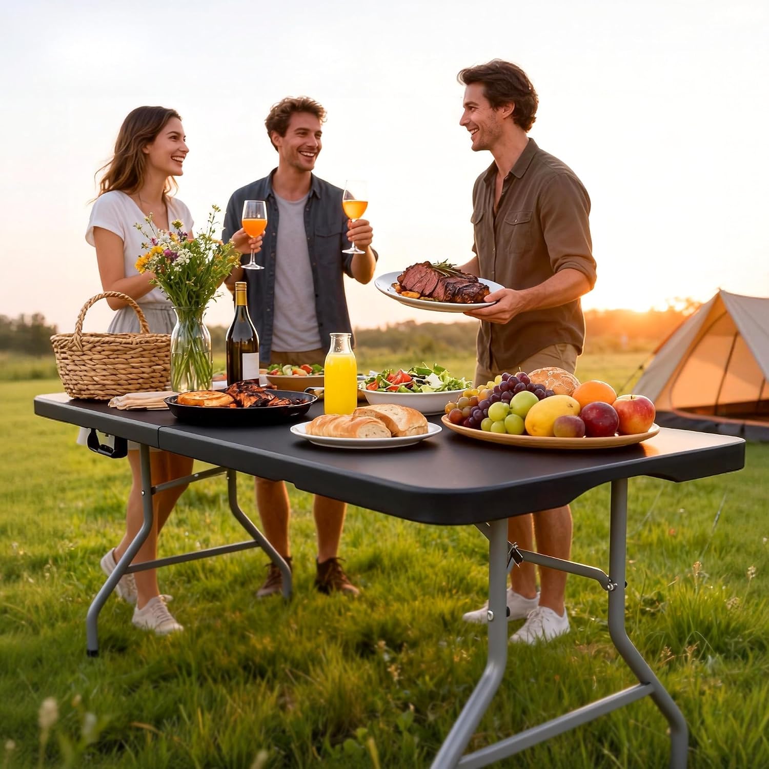 8 Foot Folding Table 350 LBS Heavy Duty, 18% Thicker HDPE Waterproof Top, Portable Fold in Half with Carry Handle and Safety Locks, Reinforced Steel Frame for Indoor Outdoor Party Events