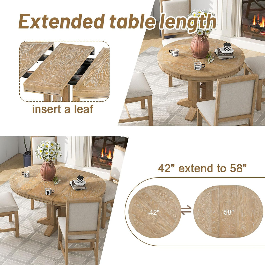 LUMISOL LUMISO Extendable Round Dining Table for 4-8, Solid Wood Expandable Oval Kitchen Table with Removable Leaf, 42'-58'' Dinner Table for Kitchen, Dining Table, Small Space, Natural