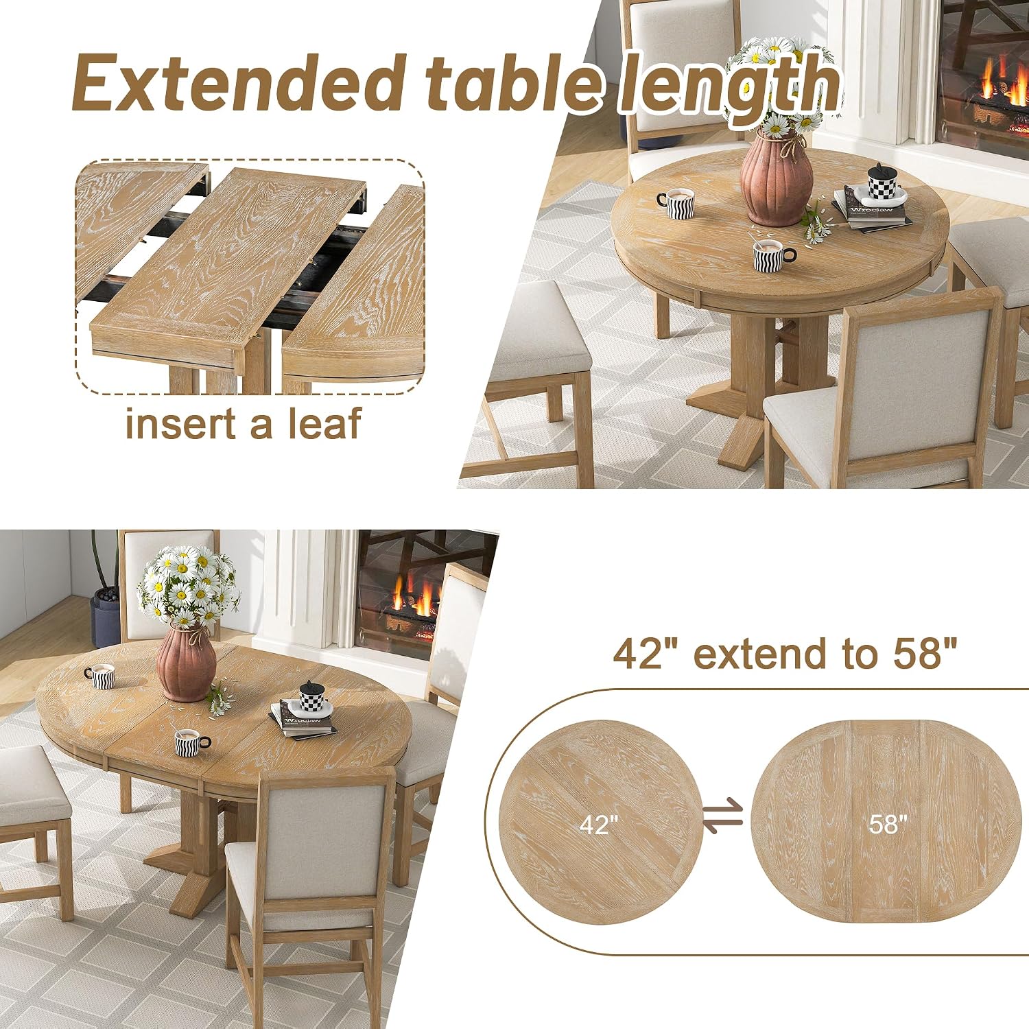 LUMISOL LUMISO Extendable Round Dining Table for 4-8, Solid Wood Expandable Oval Kitchen Table with Removable Leaf, 42'-58'' Dinner Table for Kitchen, Dining Table, Small Space, Natural