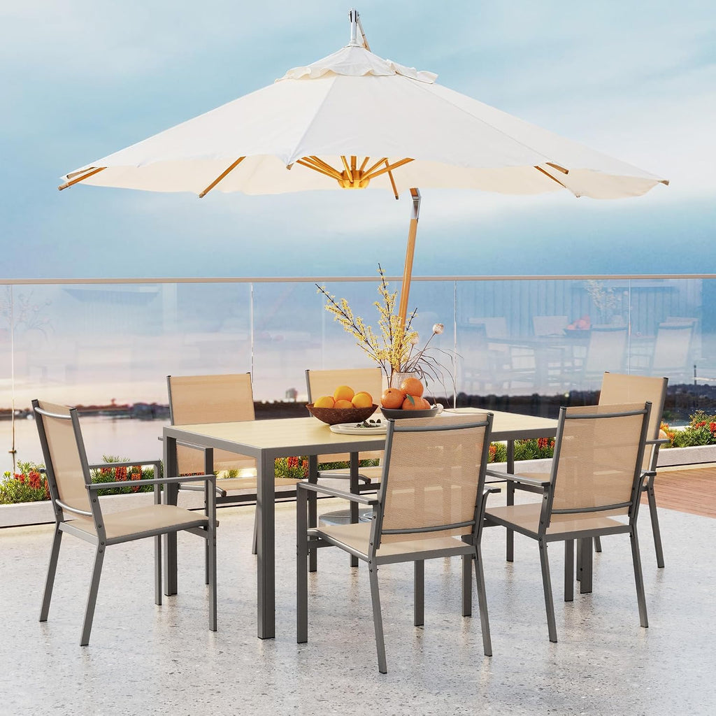 Ahomly Patio Table and Chairs Set for 6, Outdoor Dining Set Includes 59.5' Rectangle Patio Table with Side Umbrella Hole and 6 Textilene Fabric Patio Chairs for Backyard, Courtyard, Poolside, Brown