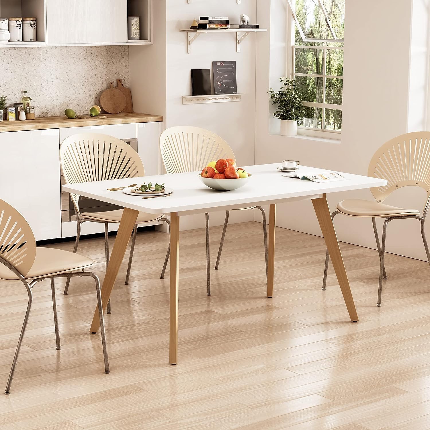 Comfy to go 47.2' Dining Table for 4-6 Person - Rectangular Kitchen Table with Soild Wood Legs Mid Century Modern Table for Dinning Room, Kitchen, Living Room (White)