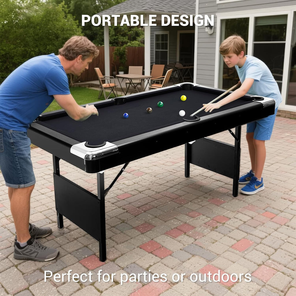 7 Foot Pool Table for Family, Foldable No Assembly Pool Table with Balls, Cues, Chalk, Rack & Brush, Portable Billiards Game Table for Apartment, Basement, Office & Game Room