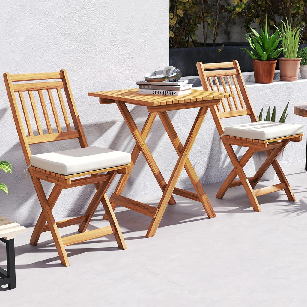 Tangkula Acacia Wood Patio Bistro Set of 3, Outdoor Folding Chair Table Set with Soft Seat Cushions, High Back Armless Chairs with Table, Patio Cushioned Dining Set for Backyard, Poolside (Off White)