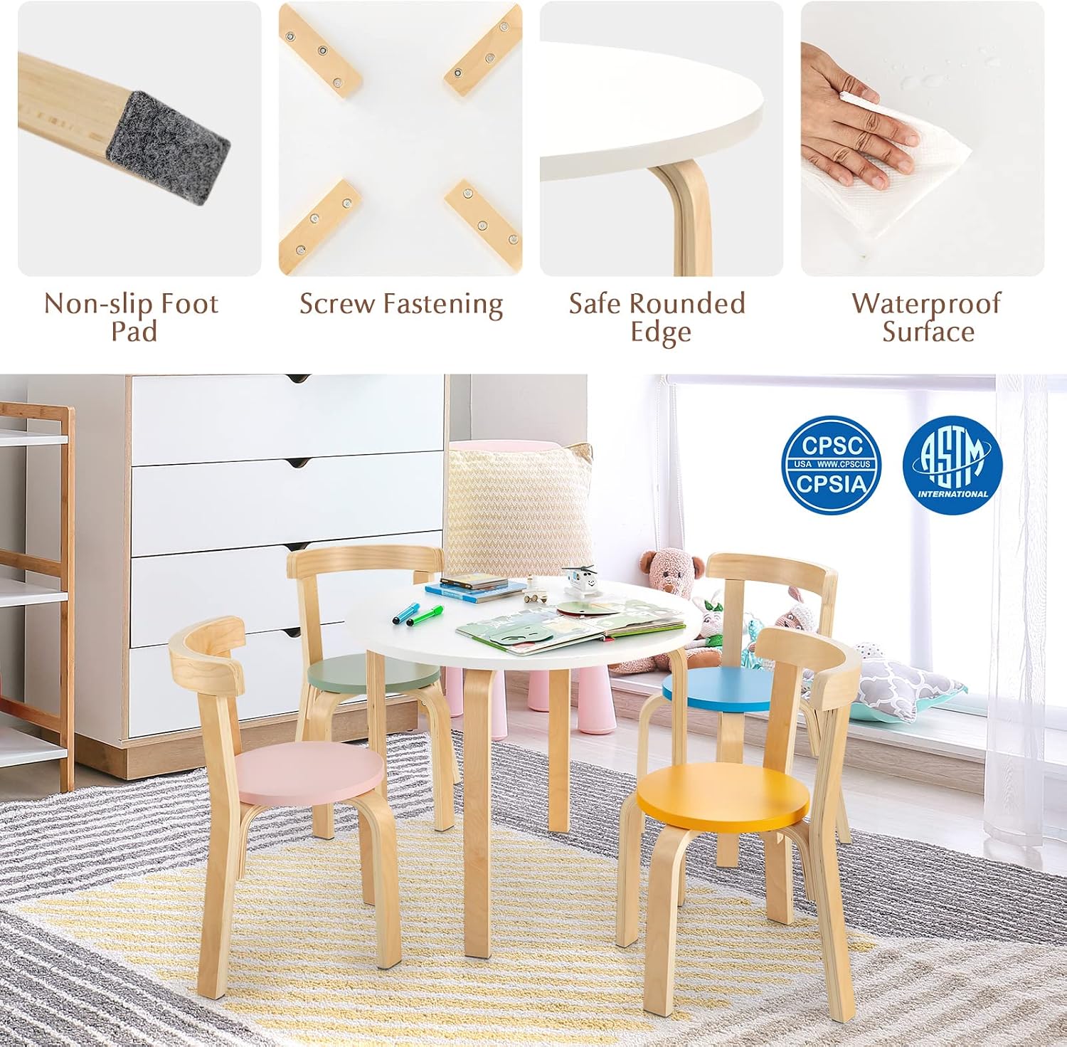 Costzon Kids Table and Chair Set, 5-Piece Wooden Activity Desk Set w/Toy Bricks, Classroom Playroom Daycare Furniture for Playing, Drawing, Reading, Bentwood Toddler Table and Chairs (Assorted)