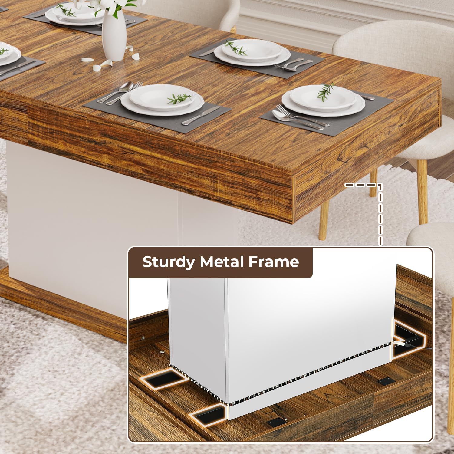 55' Dining Table for 4 to 6 People, Farmhouse Wood Dinner Table with Drawers & Led Lights for Kitchen, Dining Room & Living Room (Oak Brown & White)