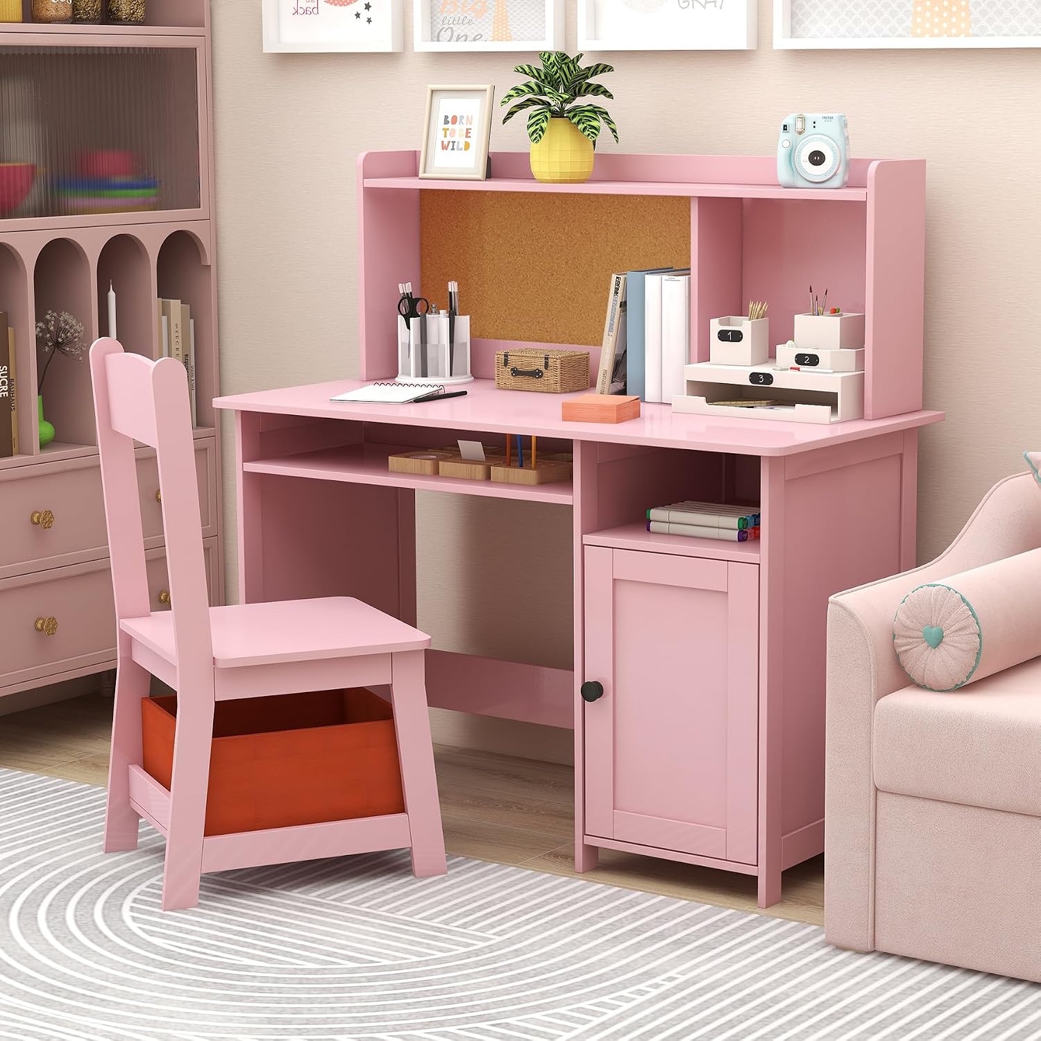 TaoHFE Pink Toddler Table and Chair Set,Wooden Kids Table and Chairs for Studying and Crafting, Kids Desk with Storage Kid Bedroom Furniture, Girl Table for Girls Pink