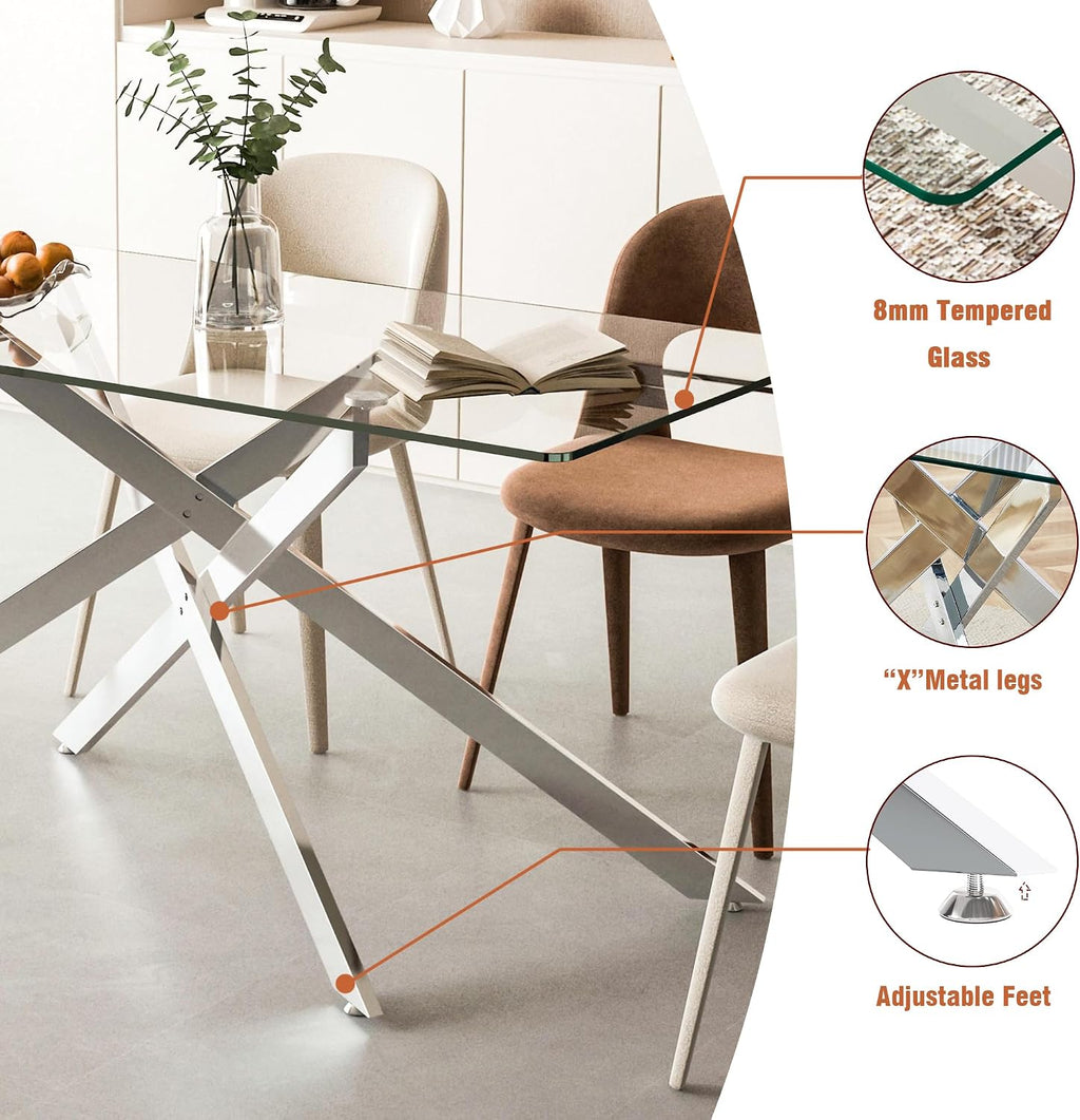 60' Glass Dining Table Modern Kitchen Table for 4-6 People, Contemporary Rectangular Dining Room Dinner Tables with Clear Glass Top & Silver Metal X Legs for Kitchen Apartment