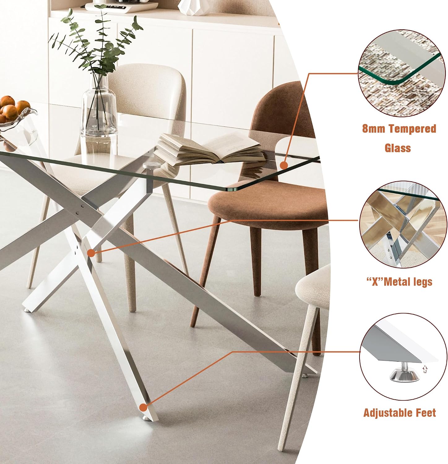 60' Glass Dining Table Modern Kitchen Table for 4-6 People, Contemporary Rectangular Dining Room Dinner Tables with Clear Glass Top & Silver Metal X Legs for Kitchen Apartment