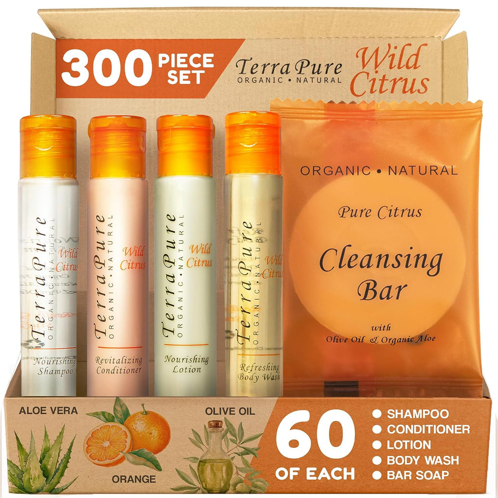 Terra Pure Wild Citrus Hotel Amenities Set | 1-Shoppe Amenities Kit | 1oz Shampoo, Conditioner, Body Wash, Lotion, Bar Soap | Travel Size | 300 Pieces