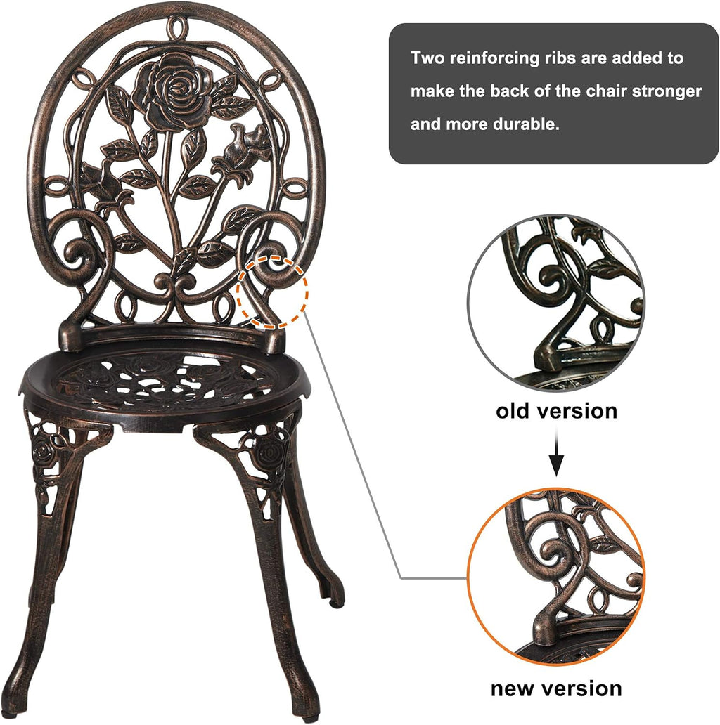 HOMEFUN Bistro Table and Chairs Set of 2 Outdoor 3 Piece Patio Set, Rose Pattern Cast Aluminum Bistro for Garden Balcony, Durable Rust All-Weather Resistance, Rose Bronze