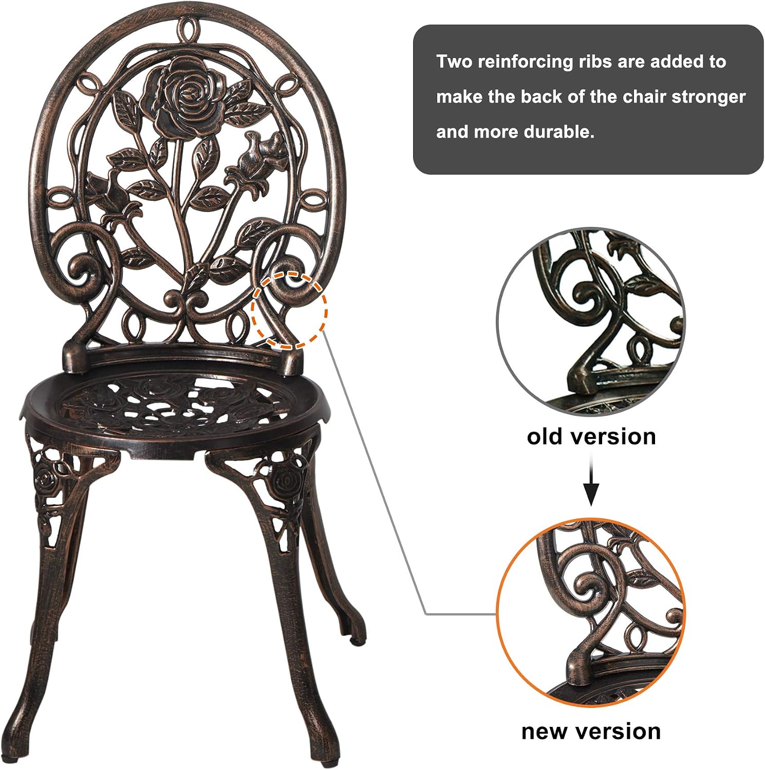 HOMEFUN Bistro Table and Chairs Set of 2 Outdoor 3 Piece Patio Set, Rose Pattern Cast Aluminum Bistro for Garden Balcony, Durable Rust All-Weather Resistance, Rose Bronze