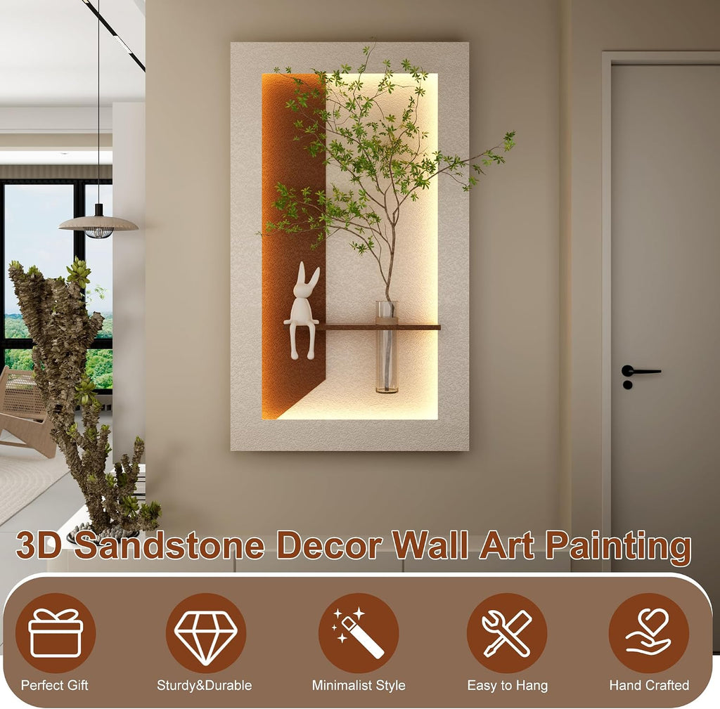 Montary 3D Sandstone Art Painting, Adjustable 3-Color LED Sandstone Wall Decor with Simulated Green Plants - 3D Art Sculpture, Glass Vase & Rabbit Statue, for Living Room, Bedroom, Hallway
