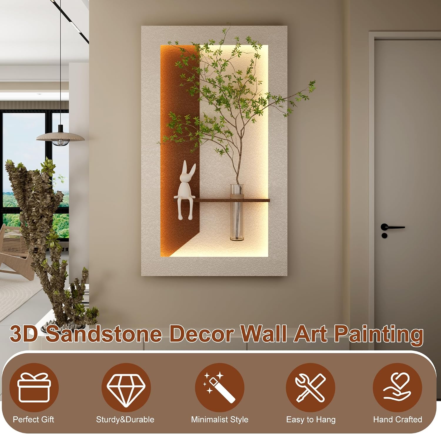 Montary 3D Sandstone Art Painting, Adjustable 3-Color LED Sandstone Wall Decor with Simulated Green Plants - 3D Art Sculpture, Glass Vase & Rabbit Statue, for Living Room, Bedroom, Hallway