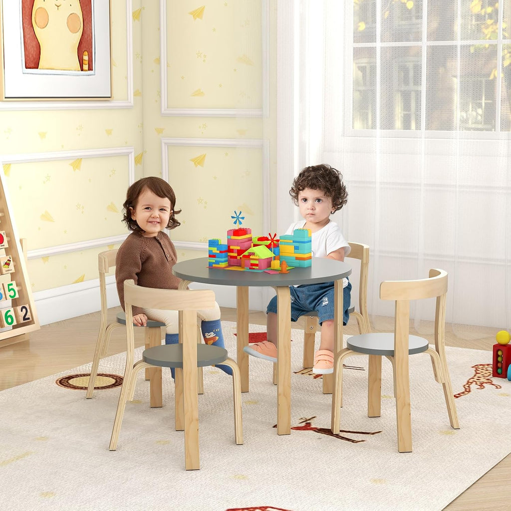 HONEY JOY Kids Table and Chair Set, Bentwood Toddler Round Table and 4 Chairs for Craft Art, Building Block, 5-Piece Children Furniture Set for Daycare, Kindergarten, Playroom (Gray)