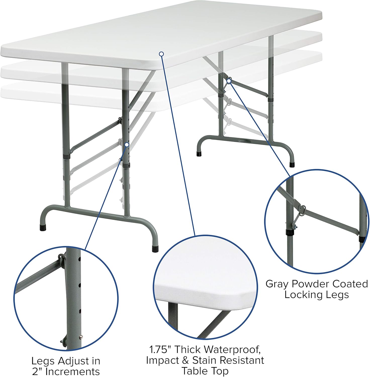 Flash Furniture Kathryn 6' Rectangular Adjustable Plastic Folding Event Table, Folding Portable Banquet Table for Indoor/Outdoor Events, White