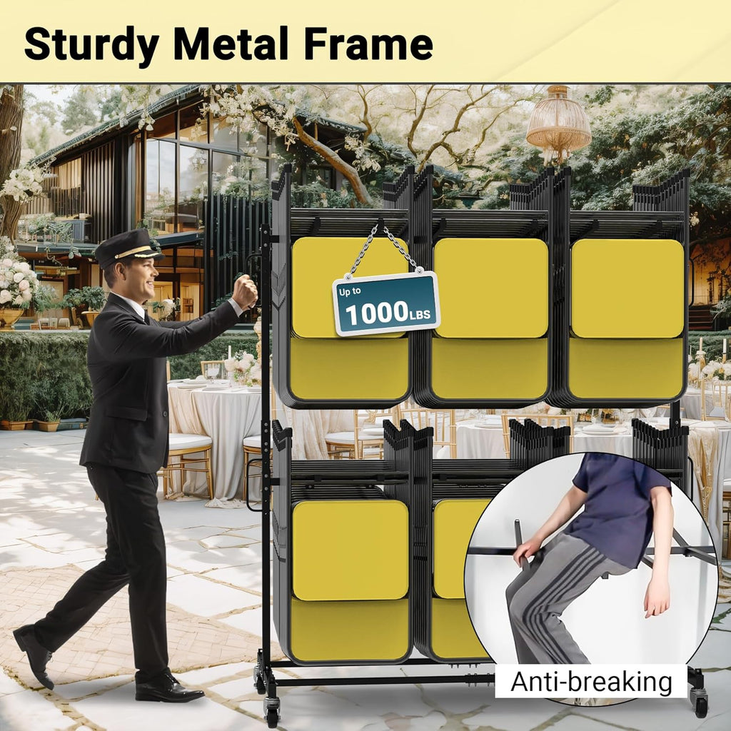 Updated Folding Chair Rack, Heavy-Duty Folding Chair Cart w/ 4 Swivel Wheels, Holds 12 Tables or 84 Chairs, Up to 1000 LBS Capacity, 2 Binding Ropes, 1 Dust Cover, 72'L x 33'W x 74'H, Black