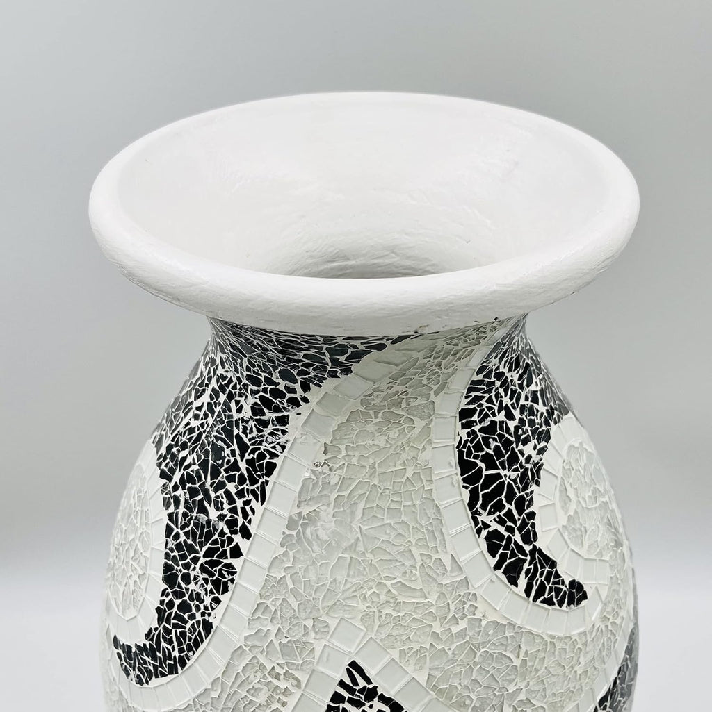Floor Vase – Tall Cylinder Made of Terracotta with Black & White Glass Mosaic Pieces – Exquisite Home Decor Accent Piece (24 x 10 Inches)