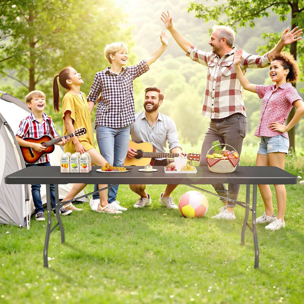 RUIE 8 Foot Folding Table with Carrying Handle, HDPE Foldable Table Indoor Outdoor Heavy Duty Portable Plastic Table, Folding Tables for Picnic Camping Party, Black