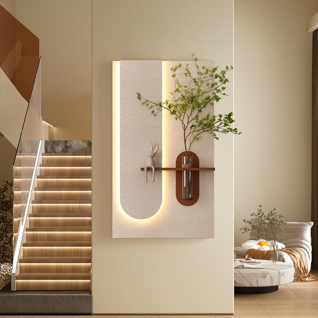 Montary 3D Sandstone Entryway Decor Art Painting, Modern LED Wall Decor Sculpture with Artificial Plants, Glass Vase & Rabbit Statue, Remote Control 3-Color Light for Living Room, Bedroom, Hallway