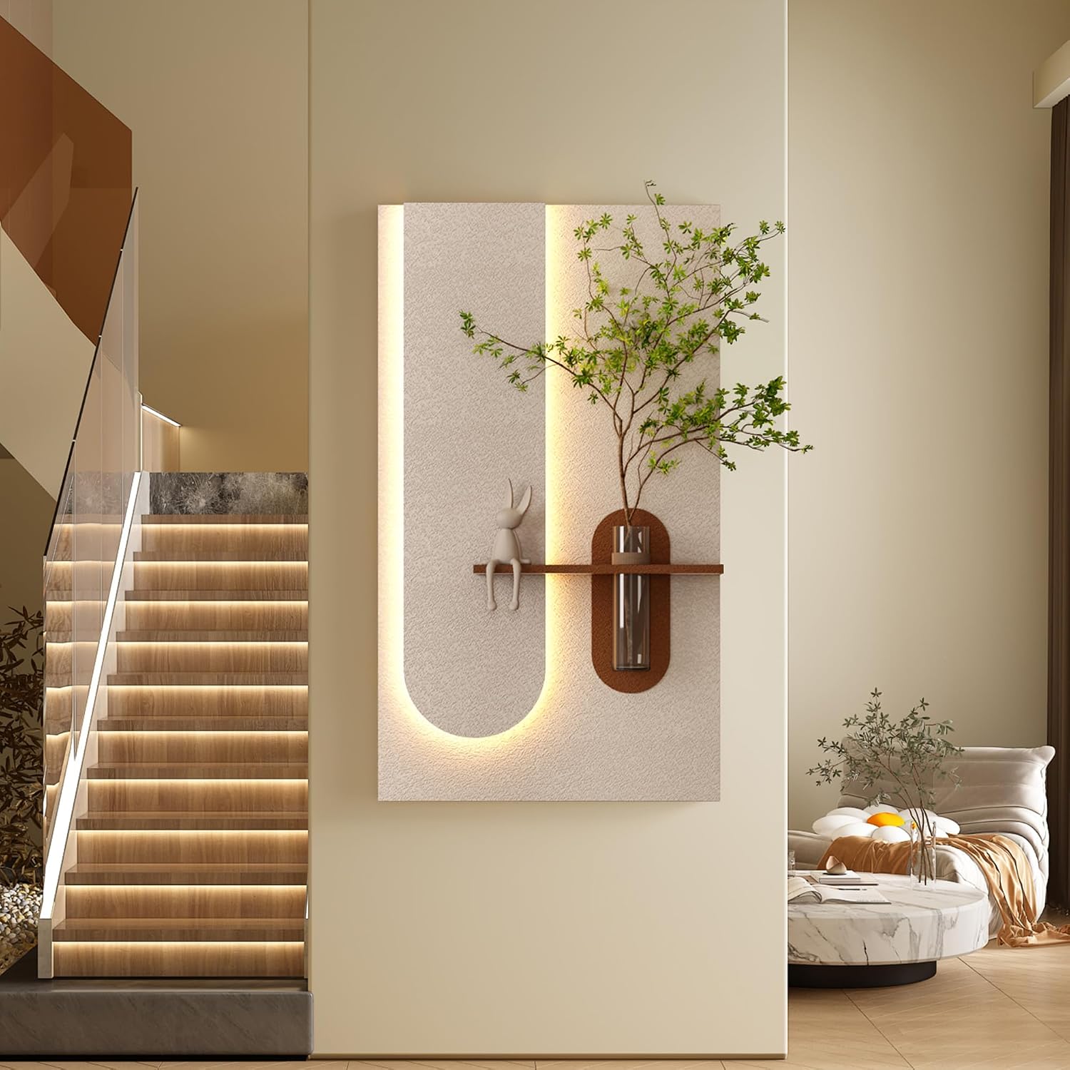 Montary 3D Sandstone Entryway Decor Art Painting, Modern LED Wall Decor Sculpture with Artificial Plants, Glass Vase & Rabbit Statue, Remote Control 3-Color Light for Living Room, Bedroom, Hallway