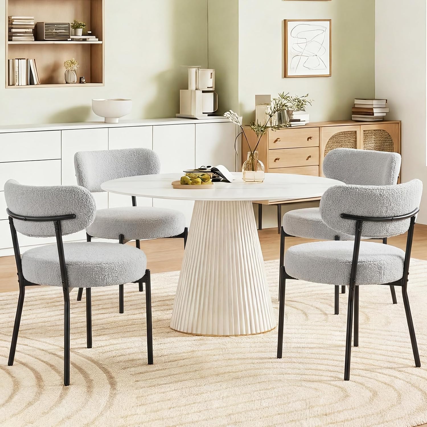 DUMOS Dining Chairs Set of 2, Mid Century Modern Chair Round Upholstered Curved Backrest, Kitchen Vanity Living Room Chairs with Black Metal Legs，Light Grey