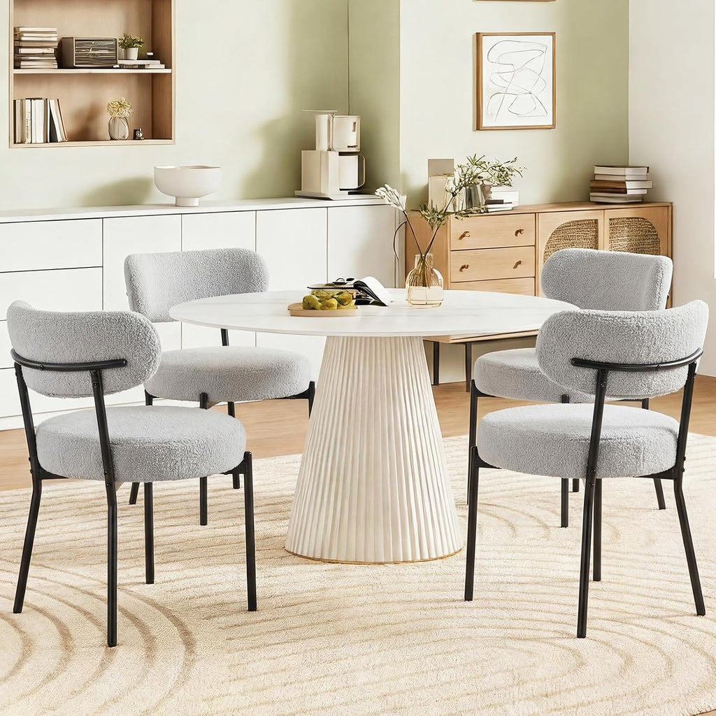 DUMOS Dining Chairs Set of 6, Mid Century Modern Chair Round Upholstered Curved Backrest, Kitchen Vanity Living Room Chairs with Black Metal Legs，Light Grey
