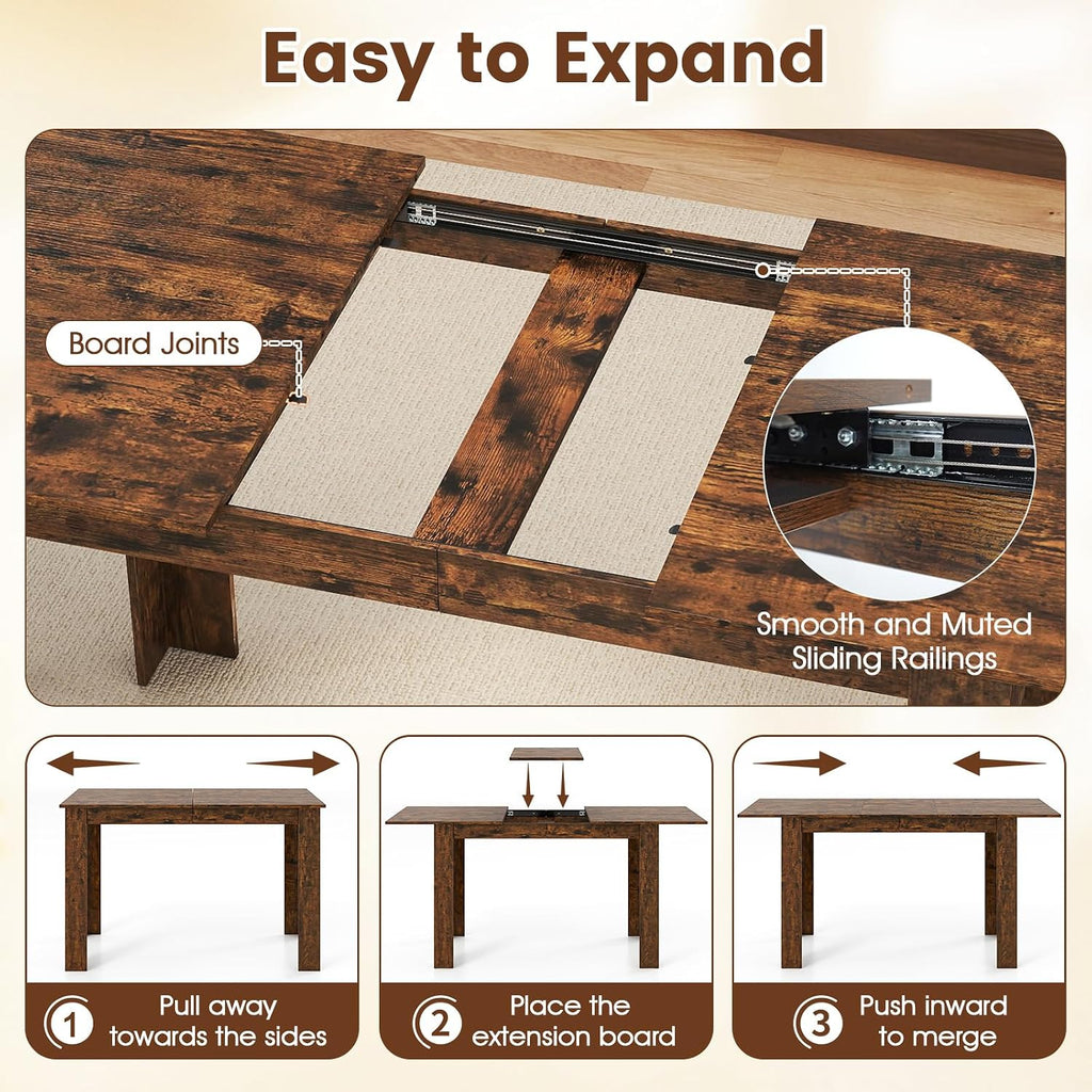 GOFLAME 47'-62' Extendable Dining Table for 4-6 People, Large Rectangular Kitchen Table with L-Shaped Legs, Space Saving Dining Room Table for Kitchen, Living Room, Office, Small Space, Rustic Brown