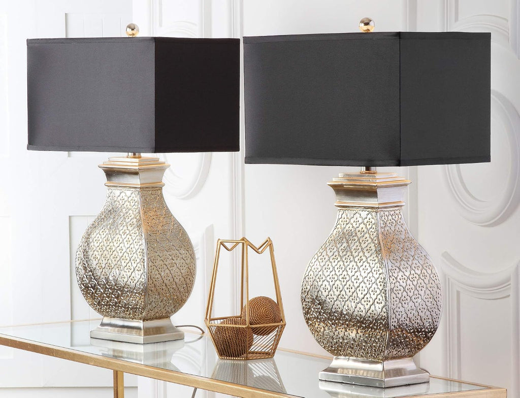 SAFAVIEH Lighting Collection Malaga Silver/ Black Rectangle Shade 30-inch Bedroom Living Room Home Office Desk Nightstand Table Lamp Set of 2 (LED Bulbs Included)