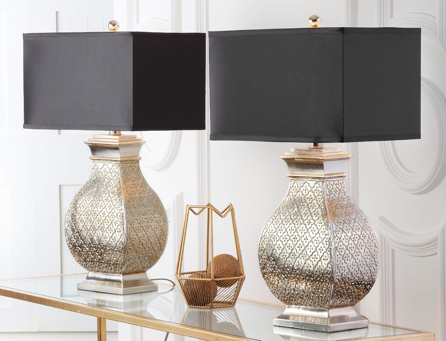 SAFAVIEH Lighting Collection Malaga Silver/ Black Rectangle Shade 30-inch Bedroom Living Room Home Office Desk Nightstand Table Lamp Set of 2 (LED Bulbs Included)