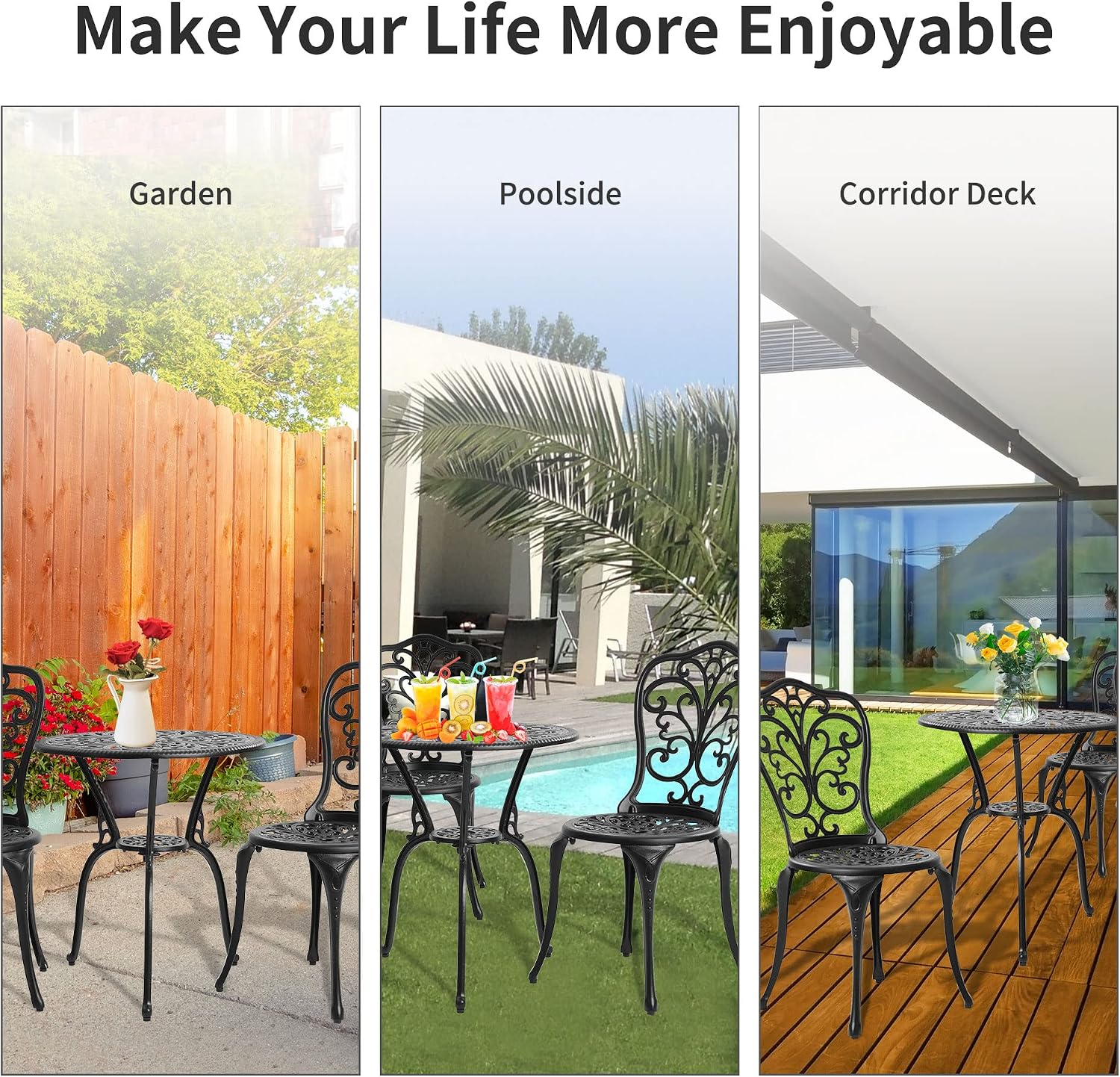 HOMEFUN Bistro Table and Chairs Set of 2 Outdoor 3 Piece Patio Set with Cushion Butterfly Pattern Cast Aluminum Bistro for Garden Balcony, Durable Rust All-Weather Resistance