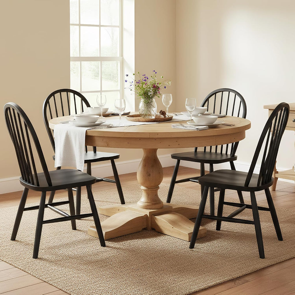 47' Round Dining Table with Wooden Pedestal Base, Antique Pine Wood Dinner Table for 4, Heavy Duty Pedestal Table for Kitchen/Dining Room/Living Room/Restaurant, Weathered Brown