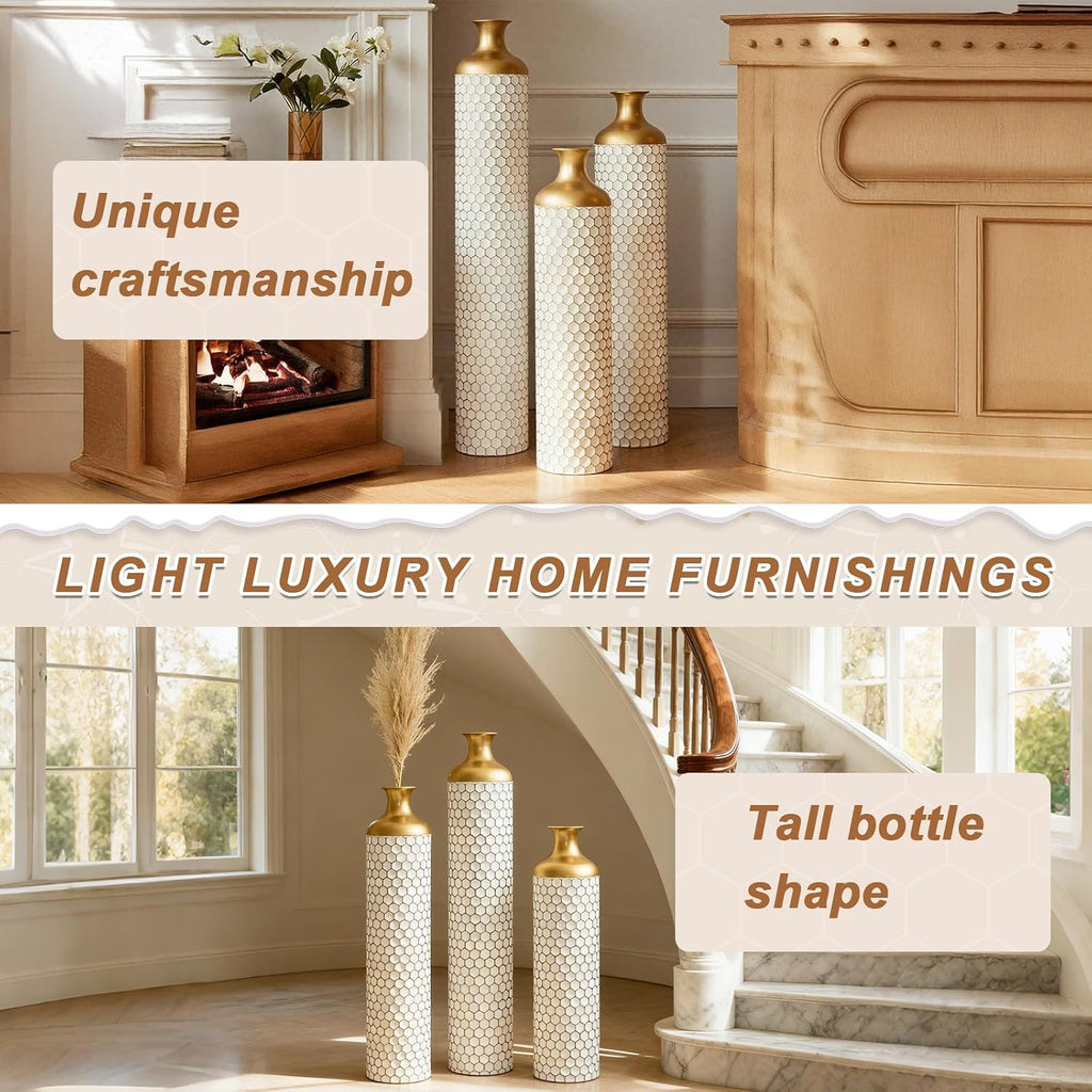 Tall Floor Vases Set of 3, White and Gold Large Tall Decorative Standing Vases with Hammered Gold Accents for Fireplace Home Corner Hallway Office, 31.5' 27.5' 23.6'