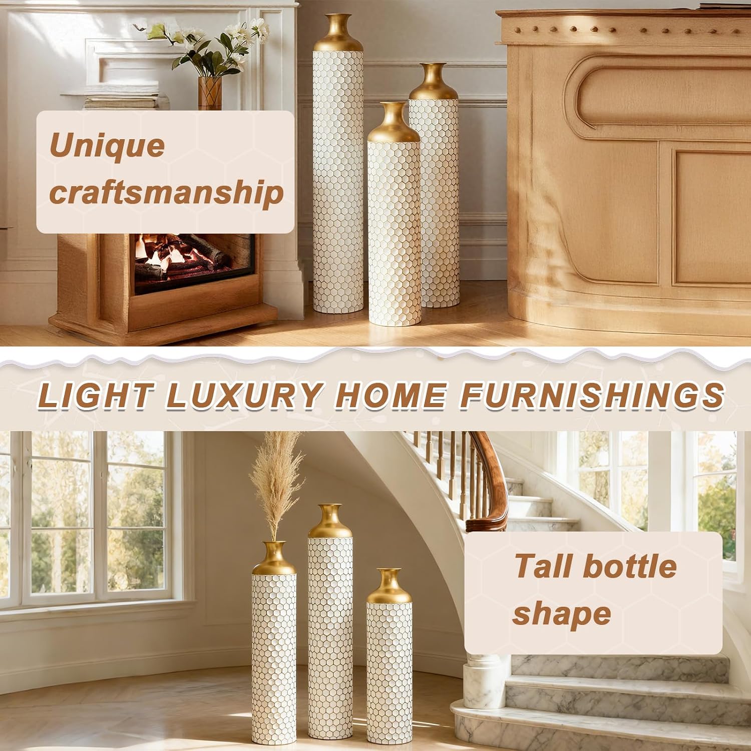 Tall Floor Vases Set of 3, White and Gold Large Tall Decorative Standing Vases with Hammered Gold Accents for Fireplace Home Corner Hallway Office, 31.5' 27.5' 23.6'