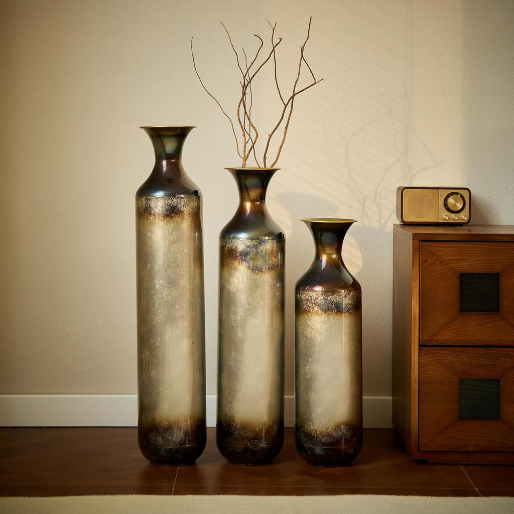 Tall Floor Vases Set of 3 - Modern White & Gold Metal Vases for Home Decor, Large Decorative Vase for Living Room, Entryway, Wedding & Centerpiece Display