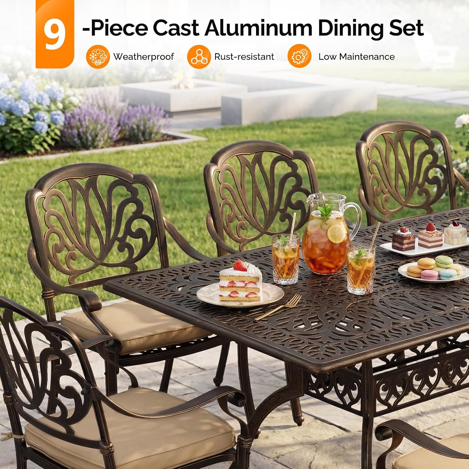 VINGLI 9 Pieces Outdoor Dining Set, Cast Aluminium All-Weather Patio Dining Set for 8 with Umbrella Hole, Outdoor Dining Table and Chairs with Cushion for Yard, Garden, Porch and Poolside, Bronze