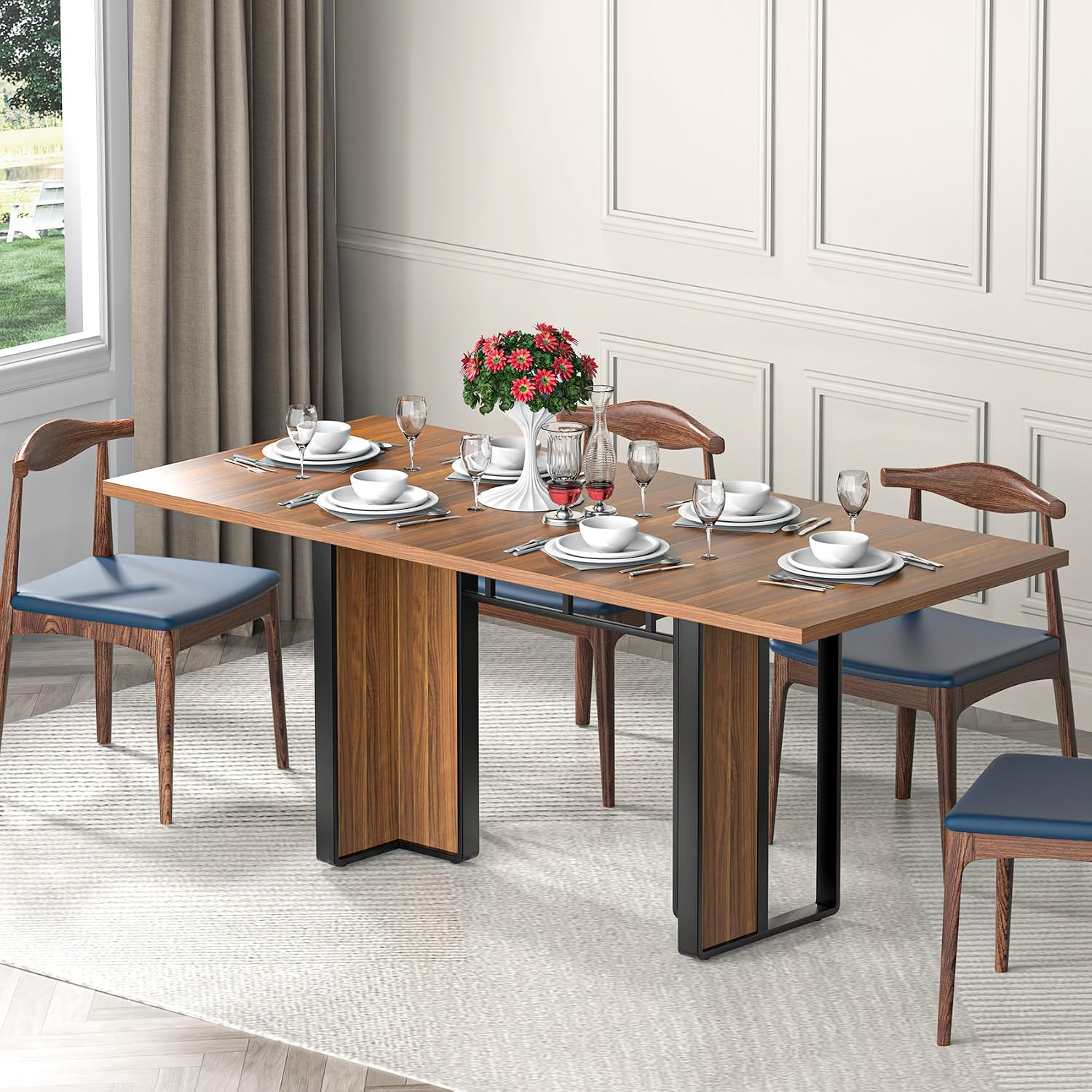 Bigbiglife 71 inch Dining Table for 6-8, Farmhouse Kitchen Table with Large Tabletop, Rectangular Dinner Eating Table W/Thickness Waterproof Wood Tabletop & Foot Pad, for Kitchen, Dining Room, Brown