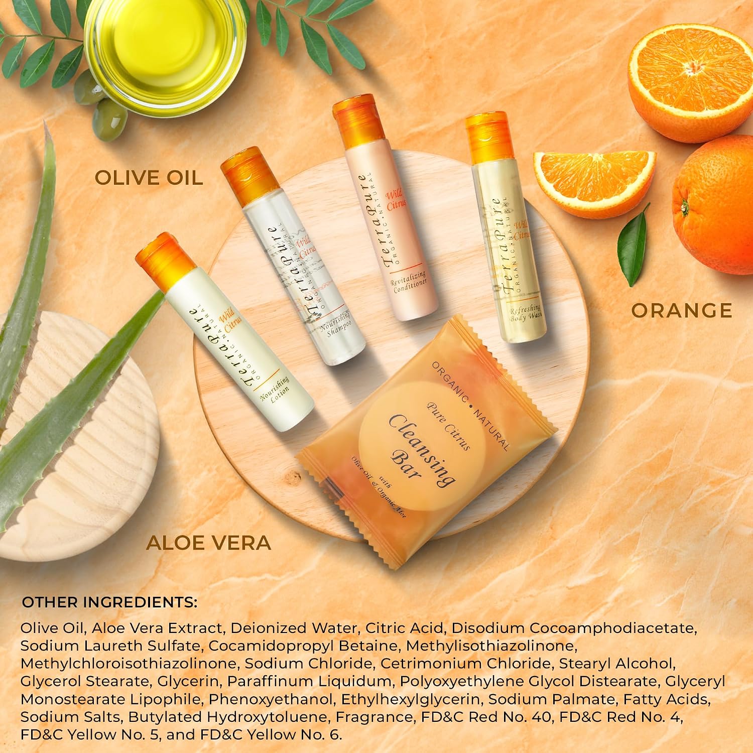 Terra Pure Wild Citrus Hotel Amenities Set | 1-Shoppe Amenities Kit | 1oz Shampoo, Conditioner, Body Wash, Lotion, Bar Soap | Travel Size | 300 Pieces