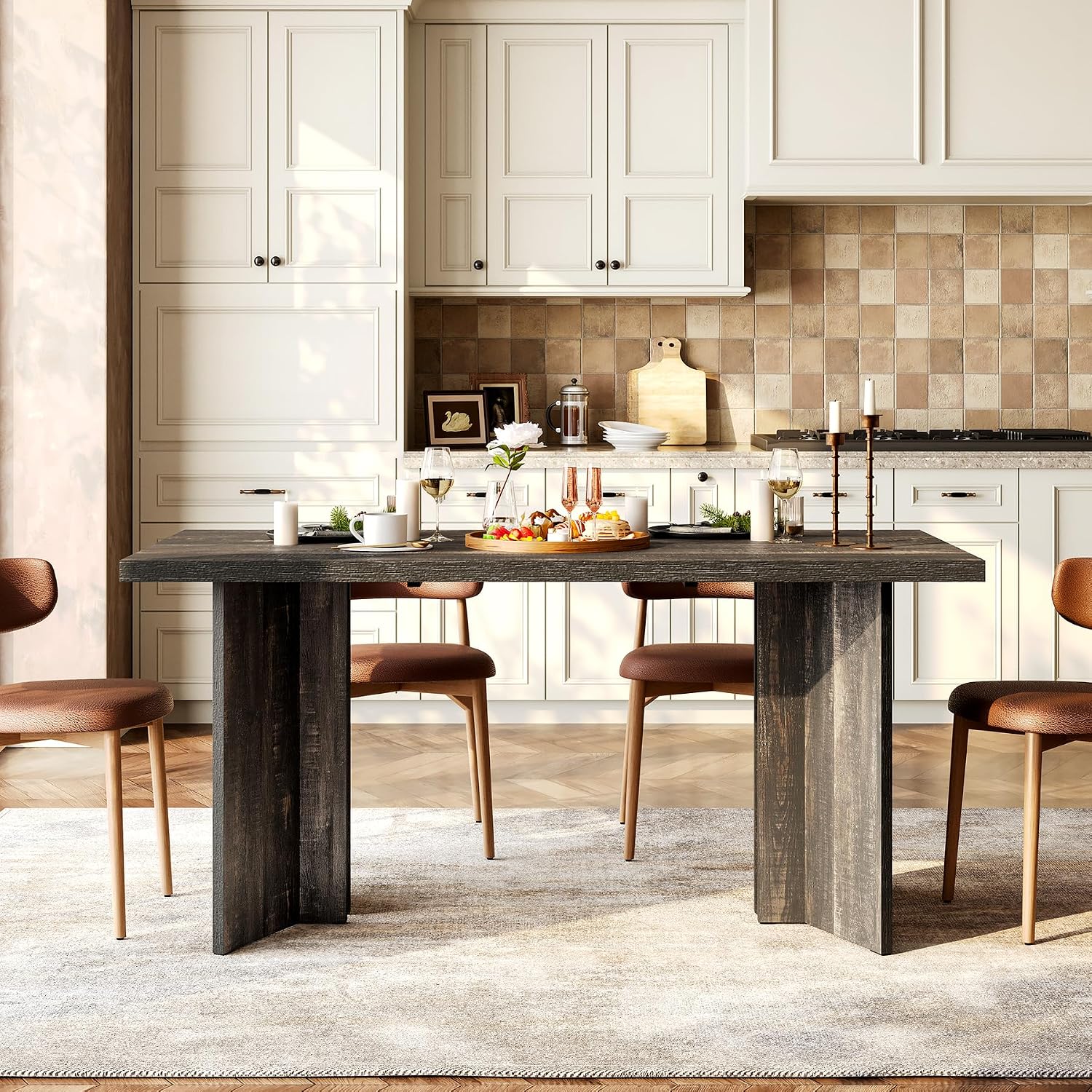 LITTLE TREE Wooden Dining Table Set for 6, 63-Inch Rectangle Kitchen Table, Modern Dinner Table for Home Dining Room, Kitchen Room,Dark Grey