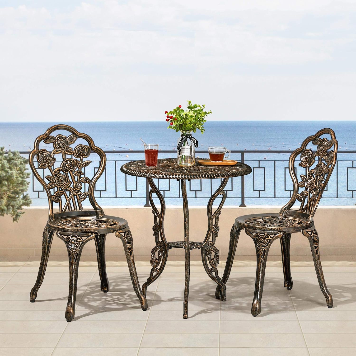 Yaheetech 3-Piece Outdoor Bistro Set w/Rose Design, Rust-Resistant Cast Aluminum Table and Chairs w/Umbrella Hole for Balcony Backyard Garden - Bronze