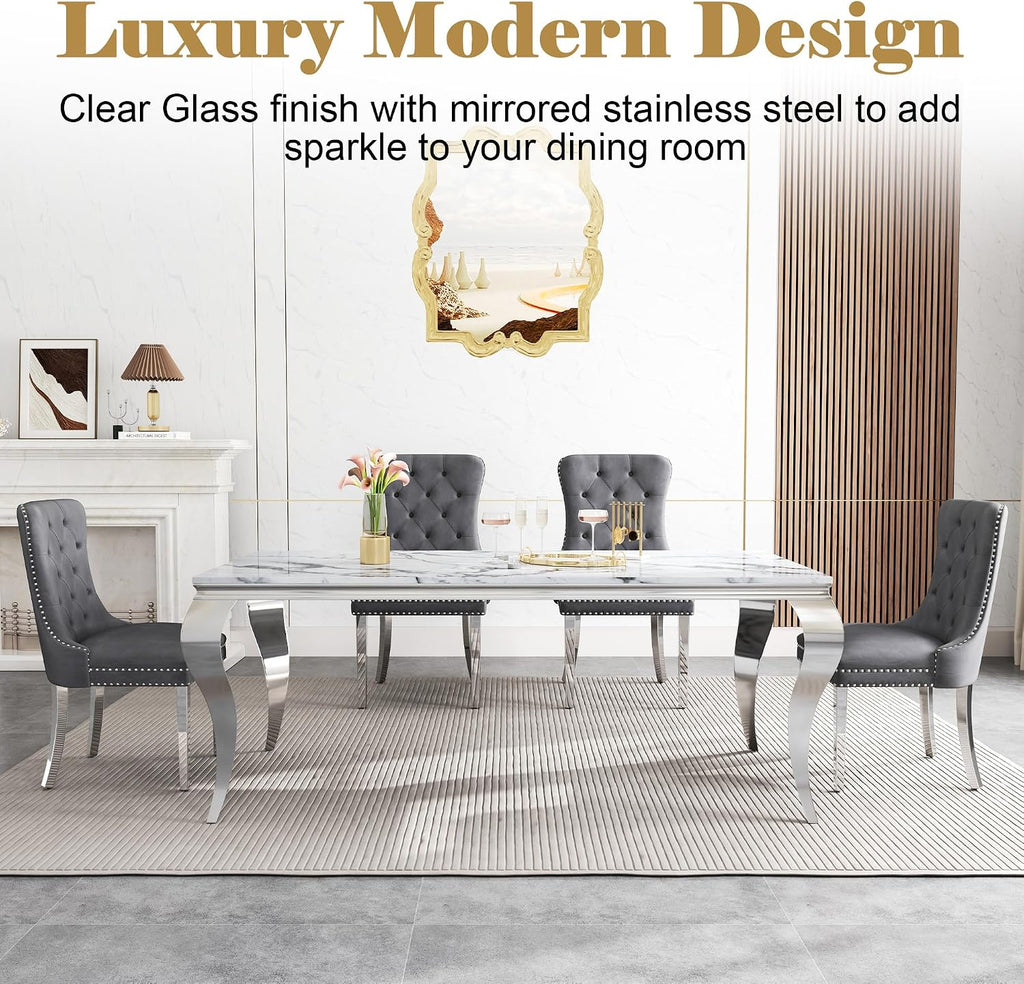 Marble Dining Table Set for 6,70' White Faux Marble Kitchen Table and Velvet Chairs for 6,7 Piece Luxury Dining Room Table Set and 6 Grey Tufted Dinning Chairs with Silver Stainless Steel Legs