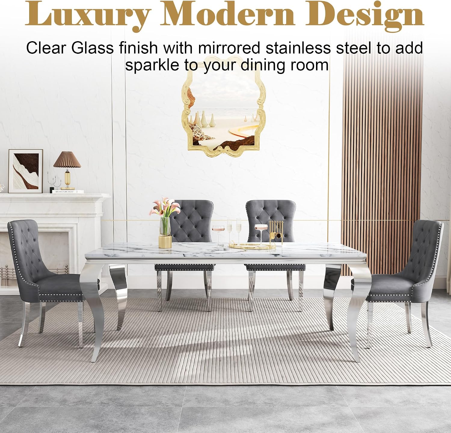 Marble Dining Table Set for 6,70' White Faux Marble Kitchen Table and Velvet Chairs for 6,7 Piece Luxury Dining Room Table Set and 6 Grey Tufted Dinning Chairs with Silver Stainless Steel Legs