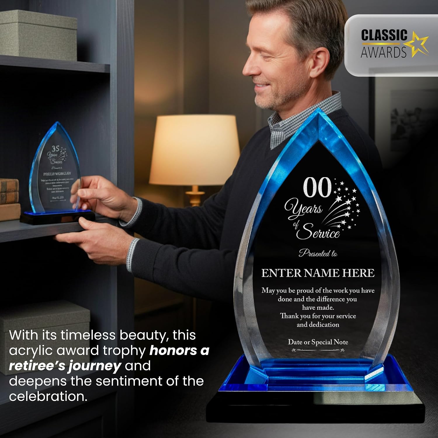 Personalized Acrylic Retirement Gifts For Men and Women, Laser Engraved Custom Trophy for Service Recognition, Years Of Service Retirement Trophy Award for Boss, Employee, Teacher (Blue Oval)