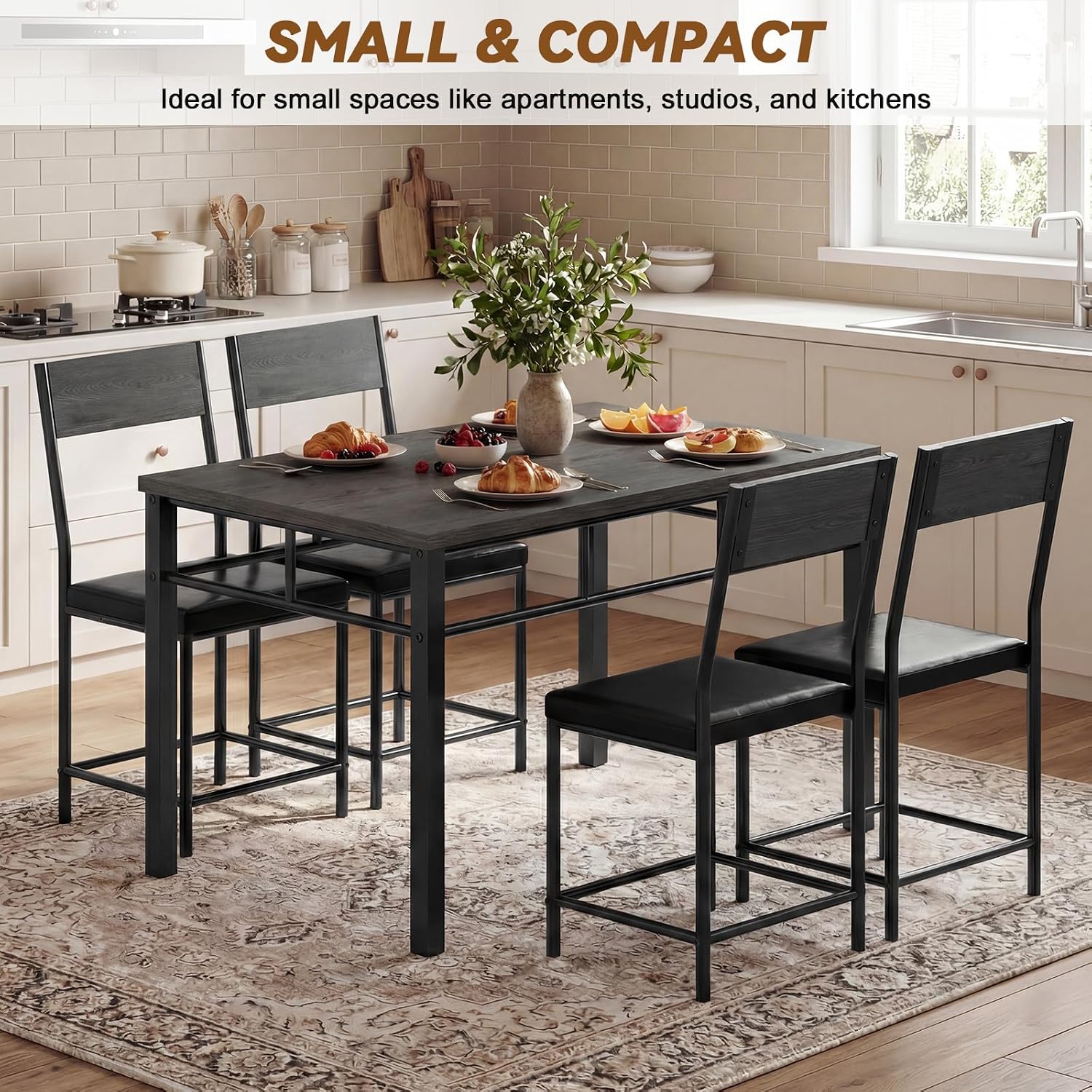 Dining Table Set for 4, 5-Piece Kitchen Table and Chairs Set, Rectangle Wooden Dining Room Table with Metal Frame & MDF Board, Perfect for Small Space, Dinette, Apartment, Grey