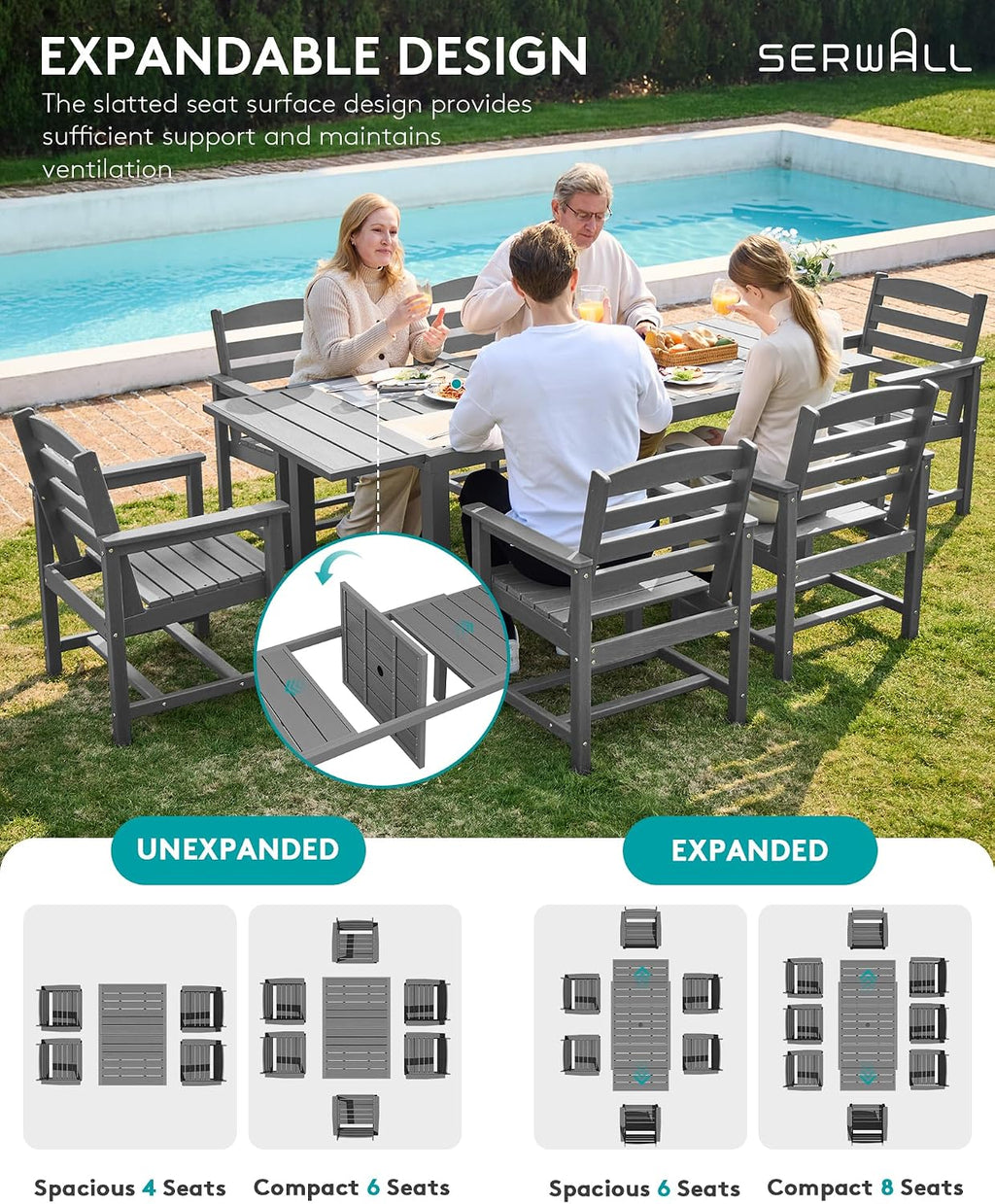 SERWALL 7-Piece Patio Dining Sets, 60' - 83' Expandable Outdoor Dining Table and 6 HDPE Chairs, All Weather HDPE Outdoor Furniture Set for Backyard, Garden, Grey