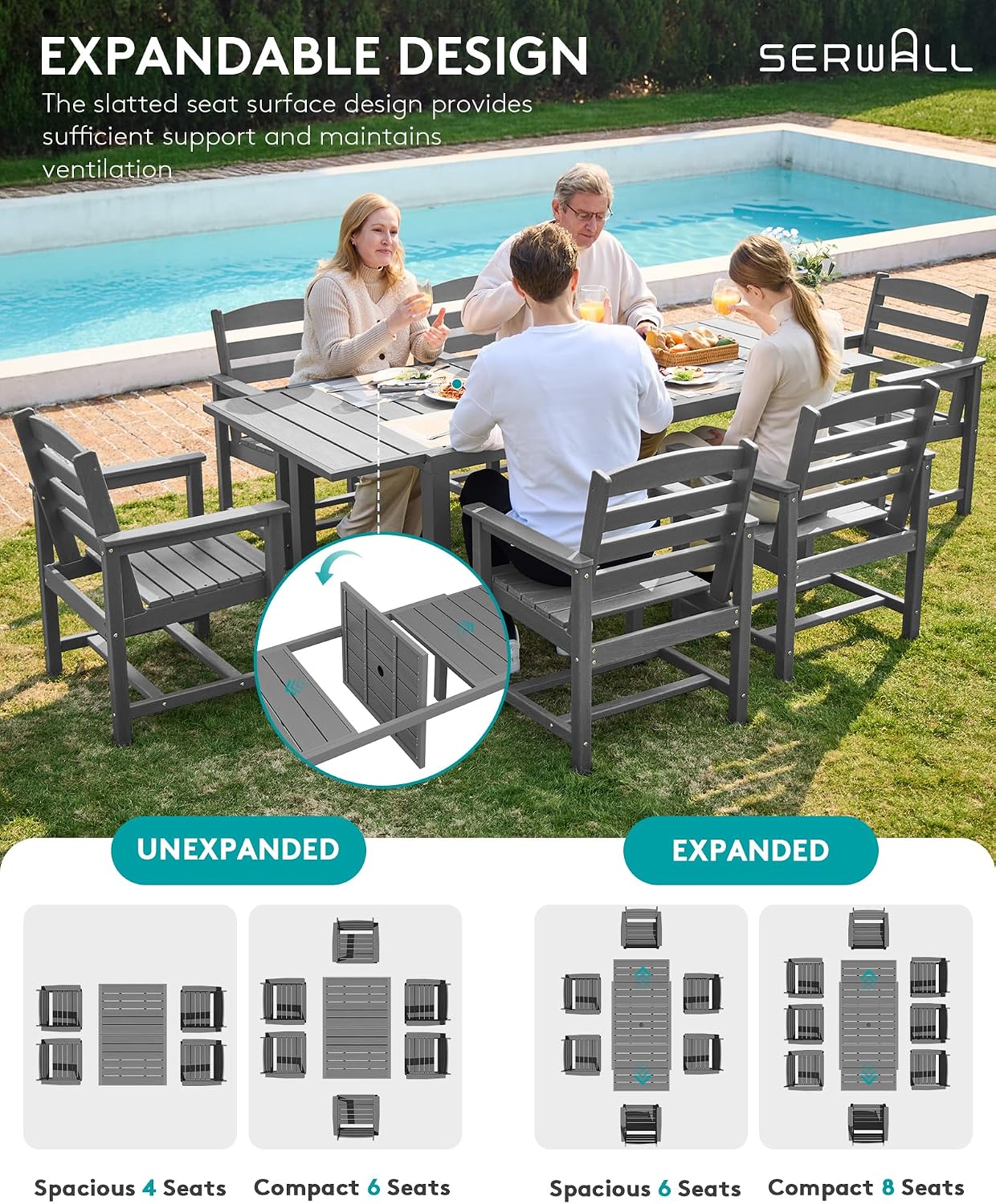 SERWALL 9-Piece Outdoor Dining Set, 60' - 83' Expandable Outdoor Dining Table and 8 HDPE Chairs, All Weather HDPE Outdoor Furniture Set for Backyard, Garden, Grey